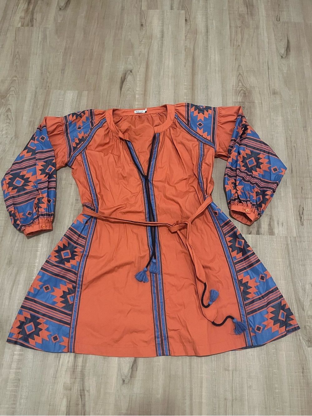 Melon Boho Orange tonic with Striking Blue & Rust Geometric Pattern Dress size S